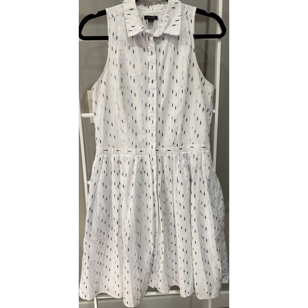 Ann Taylor White Blue Geometric Collared Sleeveless Retro Dress Women's Size 8